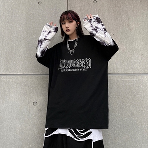 长袖秋款美式街头复古印花设计感个性泼墨扎染假两件上衣E689-P45图片