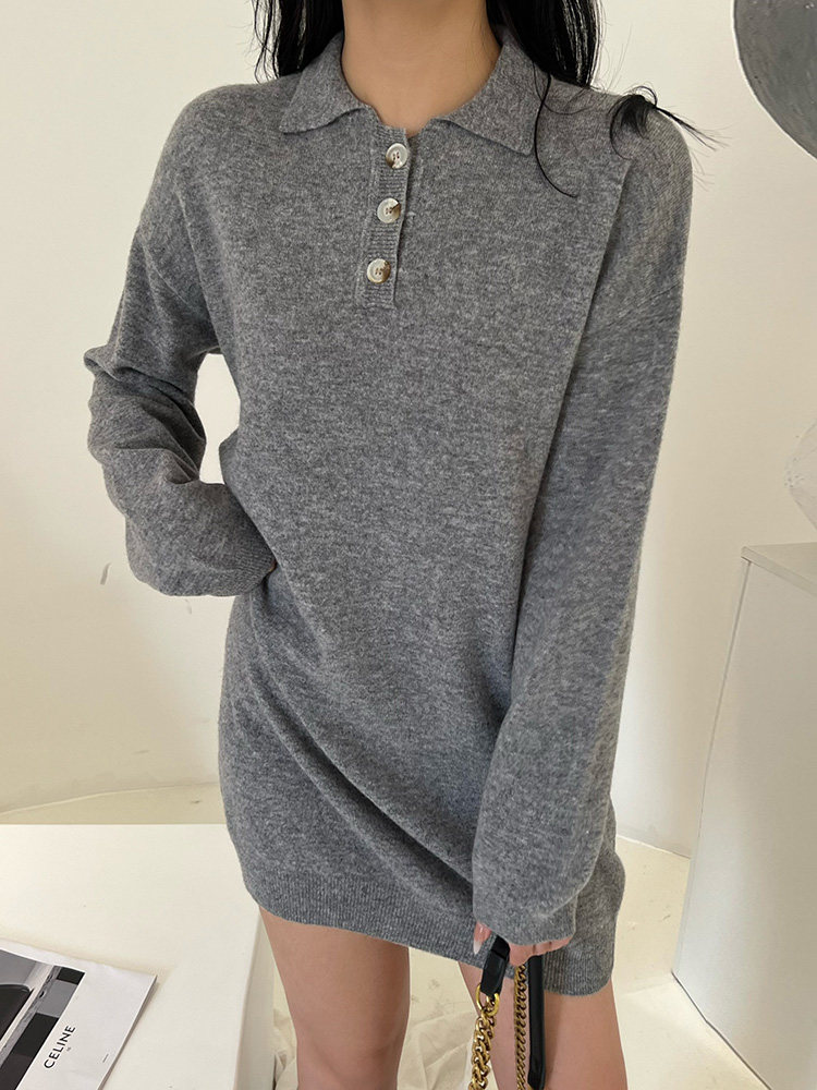 韩系女秋冬中长款大码休闲宽松POLO领显瘦针织连衣裙羊毛衫，女装连衣裙，臻纶羊绒