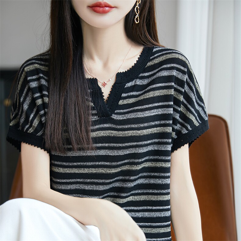 撞色POLO翻领条纹小飞袖t恤女2025夏薄冰麻洋气针织上衣T恤小衫潮,针织衫/毛衣,郡淞羊绒
