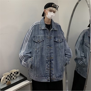 美式条纹拼接牛仔外套男宽松高街三条杠男生潮牌JM69-P8图片