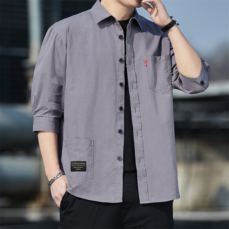 夏季纯棉夹克工装衬衣男衬衫七分袖休闲宽松上衣外套潮Z23---p35，男装衬衫，星座102C-1(原星座100)