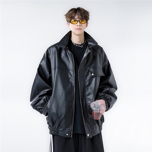黑白亮面PU皮皮衣防风夹克外套男士2025秋机车上衣JK08-P73图片