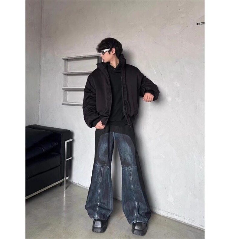 黑色廓形短款棉服男秋冬bomber美式飞行员夹克外套工装立领棒球服图片