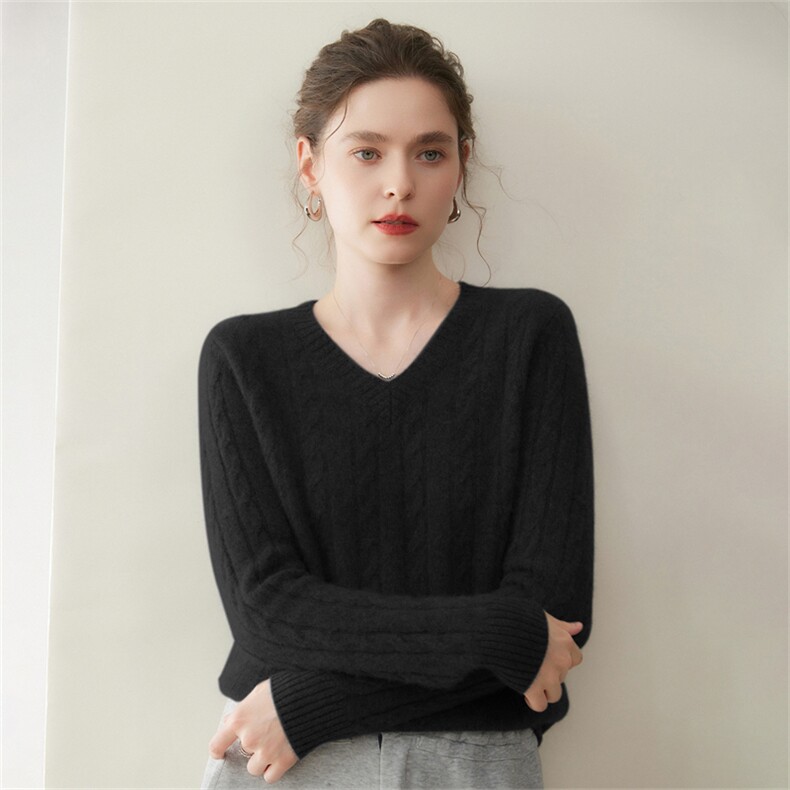 2025年秋季袖口七针麻花针织V领毛衣时尚休闲通勤百搭，女装羊绒衫，澳煜绒