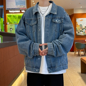 春秋牛仔外套男美式高街痞帅宽松夹克潮牌水洗设计感翻领上衣