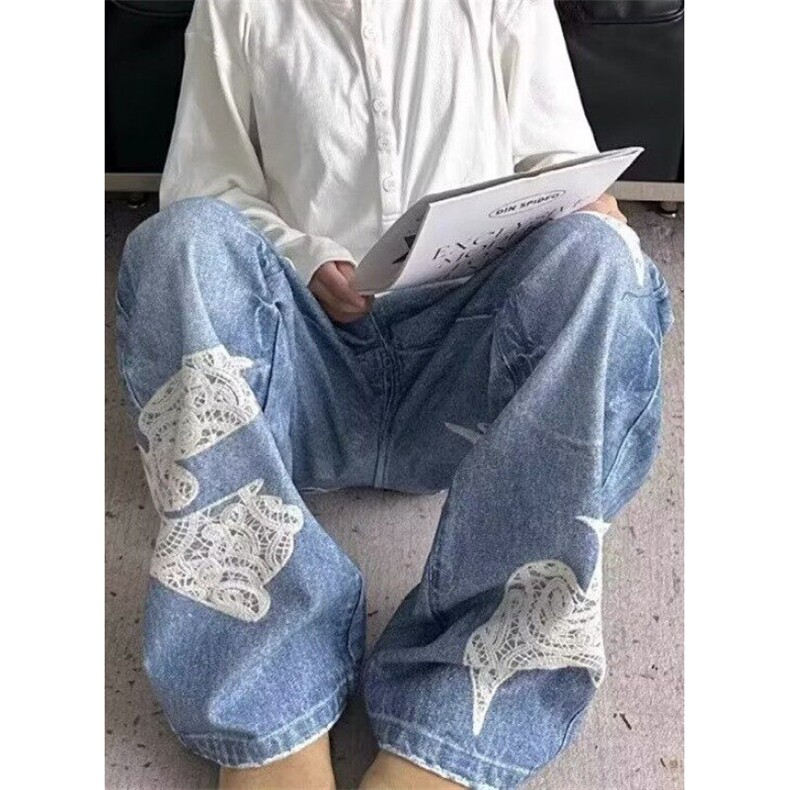复古小众蕾丝拼接水洗牛仔裤男2025春季新款宽松直筒裤NK09,男装牛仔裤,星座1116A（原606A-3）