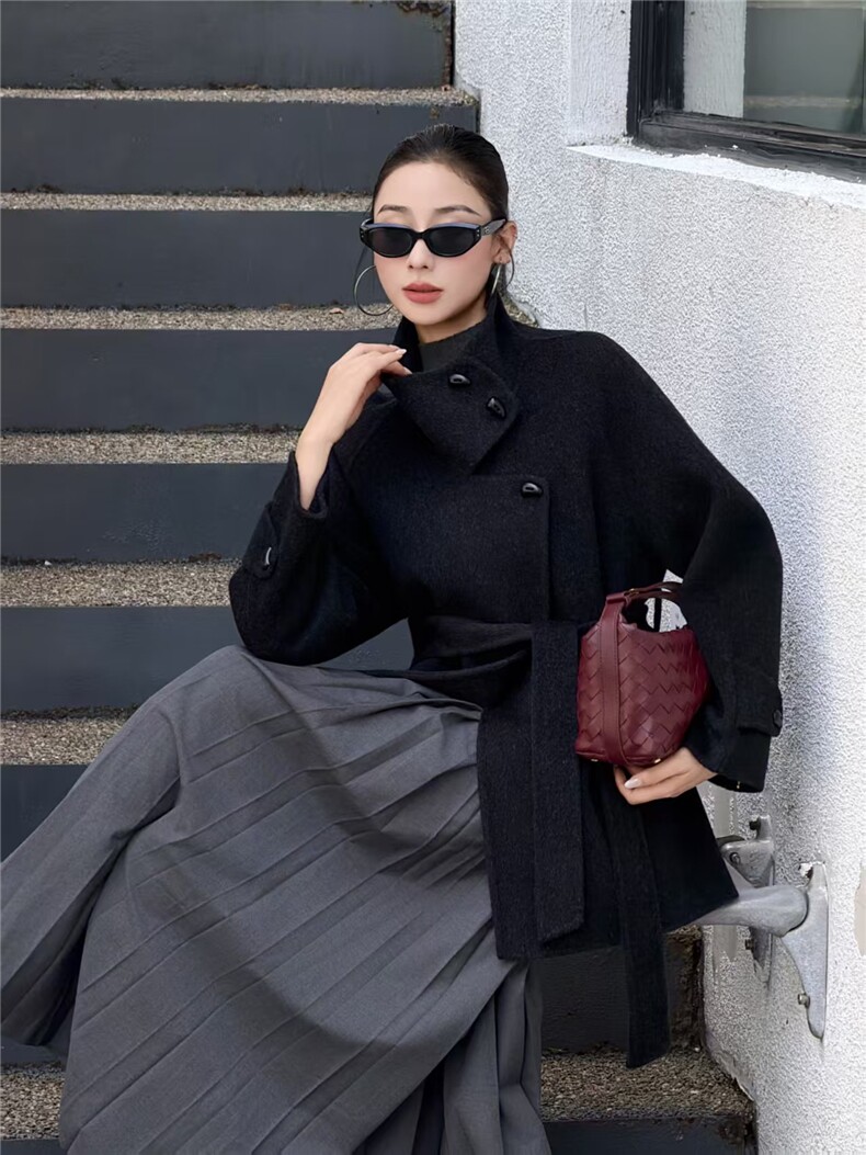 立领收腰高端双面羊毛大衣女2026年新款秋冬季双面100%羊毛大衣,女装双面呢大衣,天品羊绒工厂