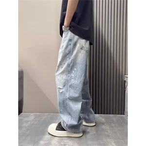 1506-1/KT11901/P51扎染泼墨牛仔裤美式高街潮牌复古水洗破洞男女图片