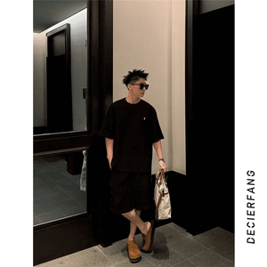老钱风小标极简天丝亚麻刺绣短袖短裤套装男潮 D441 特P58图片