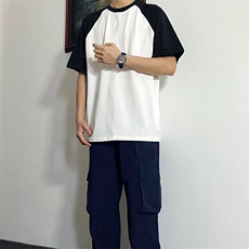 抖音得物高品质二开240克宽松纯棉美式潮牌插肩袖拼接短袖T恤，男装T恤，电商A486-1
