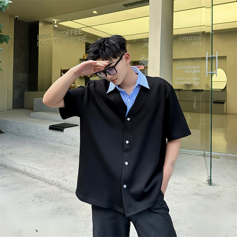 2025夏季韩系假两件男士撞色条纹Polo衫小众高级感短袖T恤D01/P75,男装Polo衫,星座305B