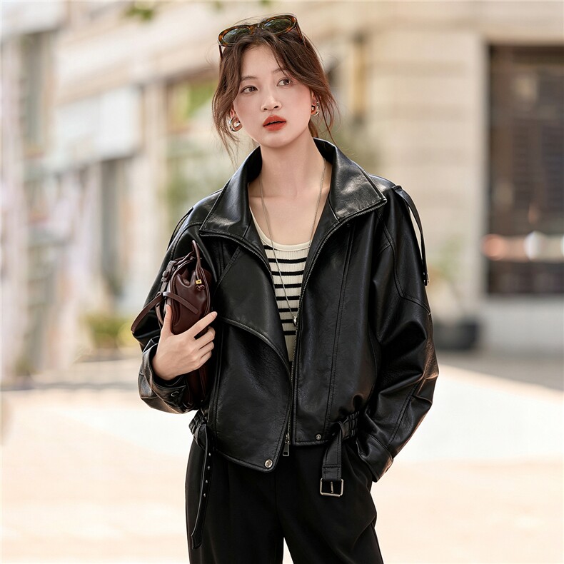 新款时尚宽松立领短款皮衣女士小个子百搭休闲外套2665,女装皮衣,潮流依族