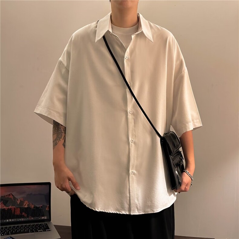 白衬衫短袖男夏季潮牌宽松港风休闲衬衣五分袖上衣痞帅外套-CY46,男装衬衫,星座601-2