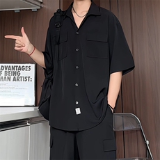C3070/P35新款港风冰丝工装多口袋短袖衬衣男女潮大码外套衬衫男，男装衬衫，电商A141