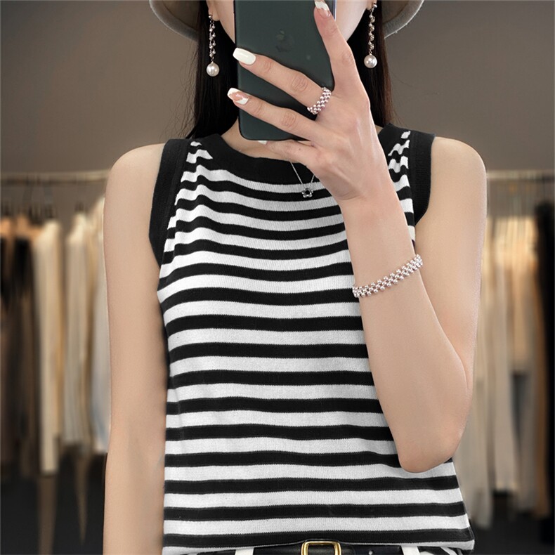 黑白条纹100%纯棉线吊带背心女新款春夏季无袖内搭打底衫短款针织，女装背心吊带，斯美雅电商供货