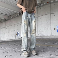 现货!港风新款2025潮流百搭直筒宽松大码牛仔裤松紧腰NZ6167-P40，男装牛仔裤，星座1103-2