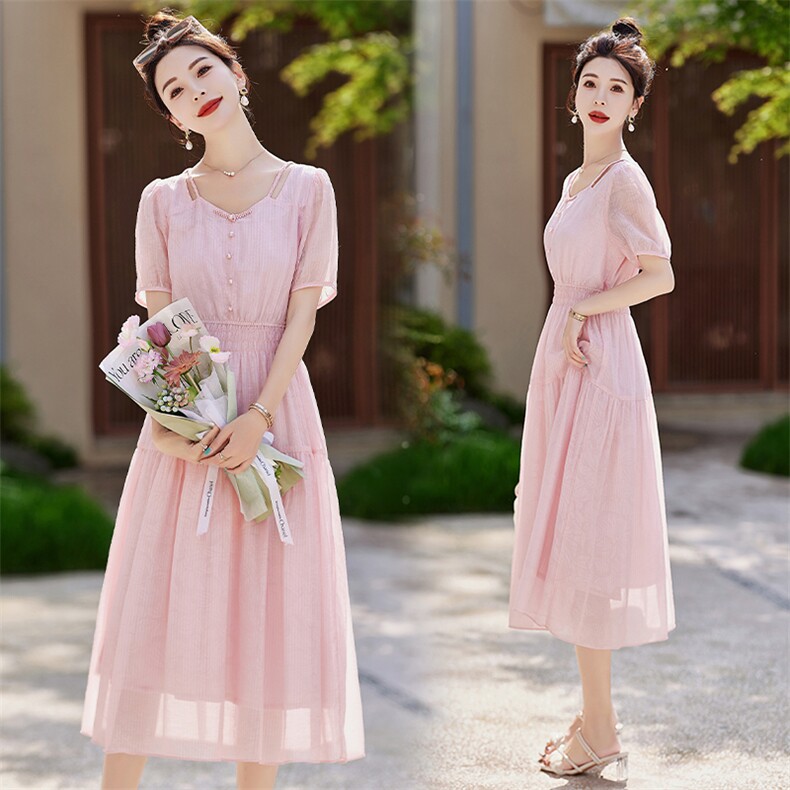 霄尚天丝连衣裙时尚气质显瘦减龄百搭粉色裙子，女装连衣裙，悦祺