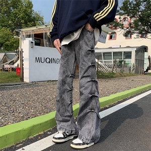 美式高街复古废土风褶皱微喇牛仔裤男阔腿裤潮流长裤RK2358-P52图片