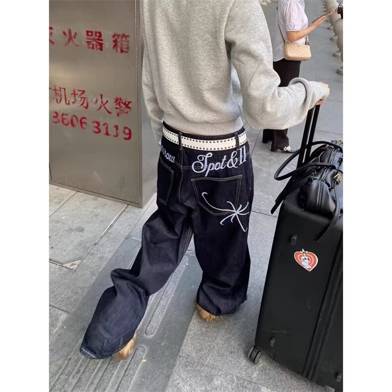 1506/QA5490/P48滑板直筒蜘蛛网刺绣黑工装BigBoy阔腿牛仔长裤图片