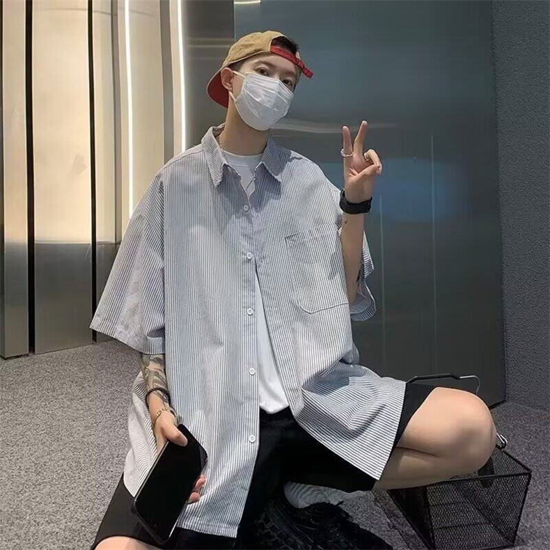 条纹短袖衬衫男2025年新款夏季日系潮牌宽松休闲男生工装衬衣外套图片