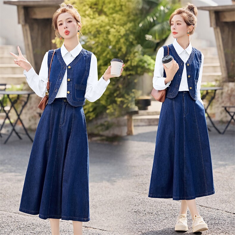 牛仔套装裙2025开春新款超火韩系气质减龄衬衫马甲三件穿搭一整套，女装套装/套裙，意芙