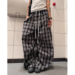 现货203-6F2560P45特～美式复古格子宽松格子双腰头休闲裤,pony穿衣搭配图片图片