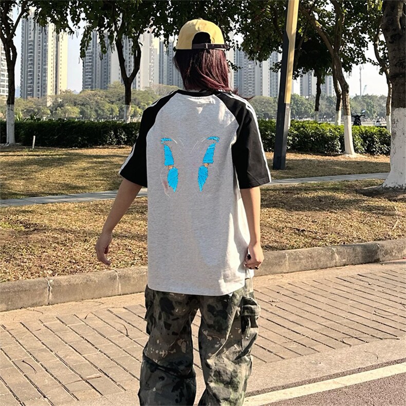 抖音得物品质二开240克宽松纯棉美式潮牌插肩三杠织带短袖T恤,男装T恤,电商A486
