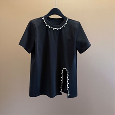 设计感时尚套装女夏新款圆领钉珠设计侧开叉不规则上衣短裤两件套，女装套装/套裙，江南
