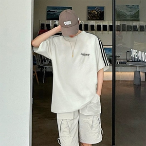 抖音得物高品质二开240克宽松纯棉美式潮牌三条杠织带短袖T恤,男装T恤,电商A486-1