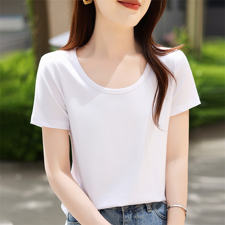 新款莱赛尔天丝上衣纯色套头半袖T恤女休闲薄款短袖，女装T恤，硕诚羊绒