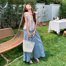 甜美减龄荷叶边V领上衣套装女2025年夏季新款松弛感阔腿裤两件套，女装套装/套裙，浙宝220