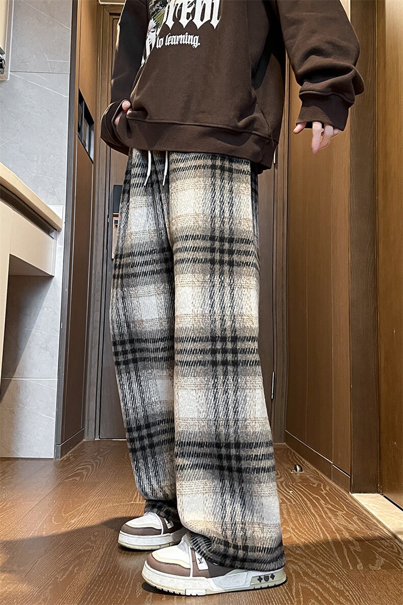8XL-M加绒加厚毛呢黑白格休闲宽松直筒抽绳阔腿裤K990P68控88,男装休闲裤,电商D206-1