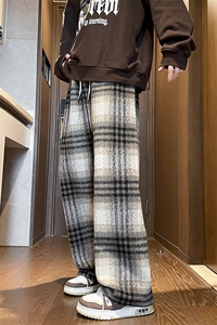 8XL-M 加绒加厚毛呢黑白格休闲宽松直筒抽绳阔腿裤K990P68控88图片