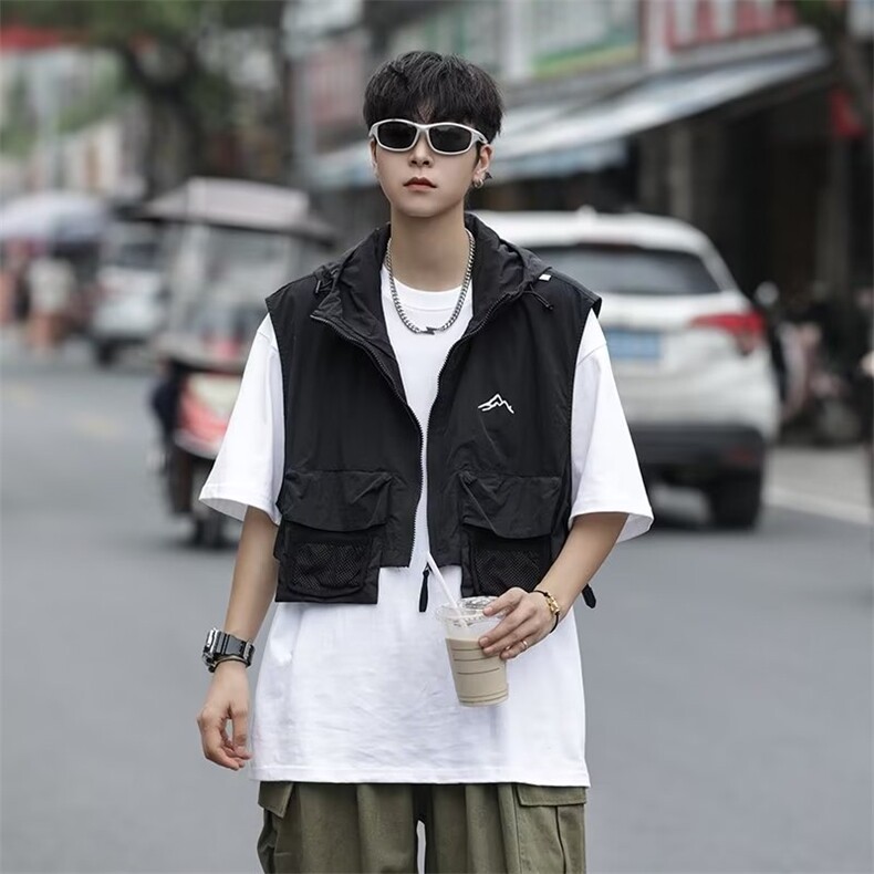 山系露营风男女户外机能短款连帽马甲多口袋坎肩无袖W4984-P43，男装背心/马甲，星座412-3