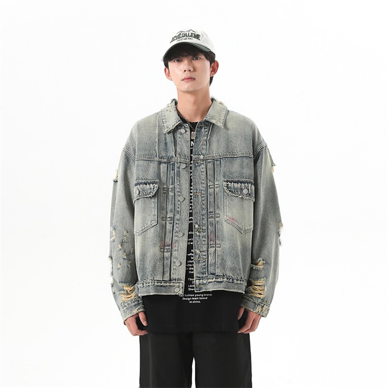 复古破洞牛仔外套男款宽松做旧涂鸦水洗翻领牛仔夹克JK1084-P78,男装夹克,星座1103-3