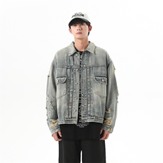 复古破洞牛仔外套男款宽松做旧涂鸦水洗翻领牛仔夹克JK1084-P78，男装夹克，星座1103-3