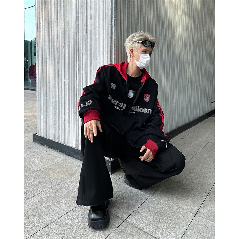 美式hiphop撞色拼接字母印花拉链连帽卫衣男女宽松运动开衫外套潮,男装卫衣,星座410-7