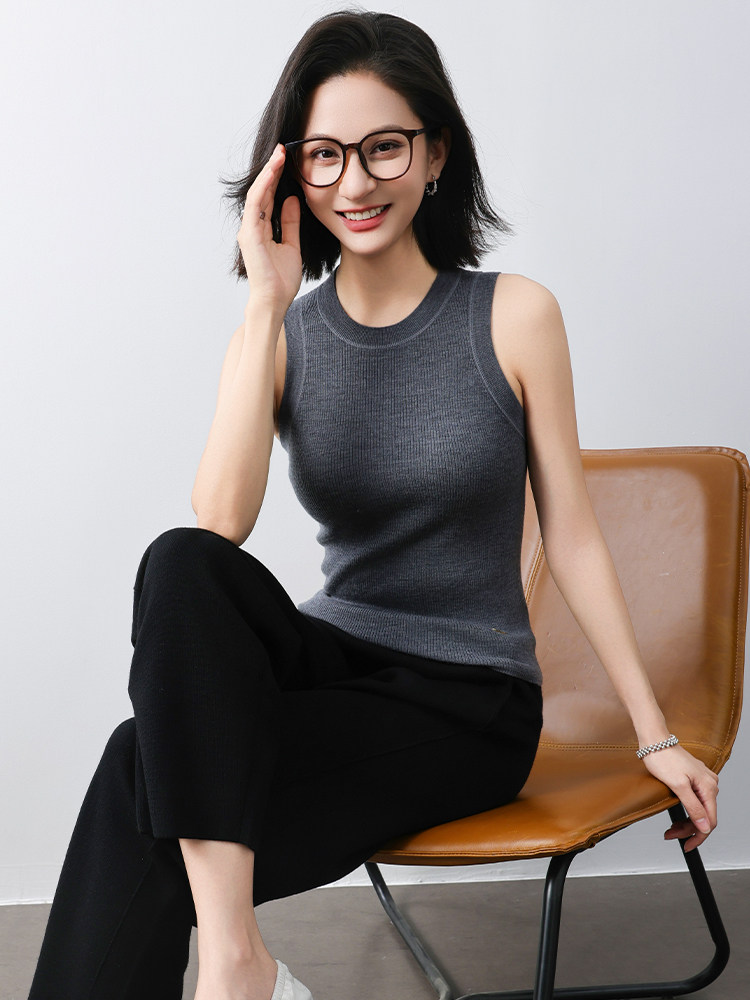 圆领新款针织背心女无袖纯色背心简约百搭宽松套头上衣女,针织衫/毛衣,清联羊绒