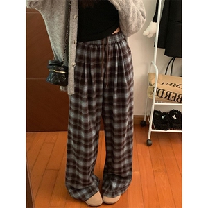 AK2426-p45 美式复古格子直筒阔腿裤女春季2026新款高腰宽松长裤图片
