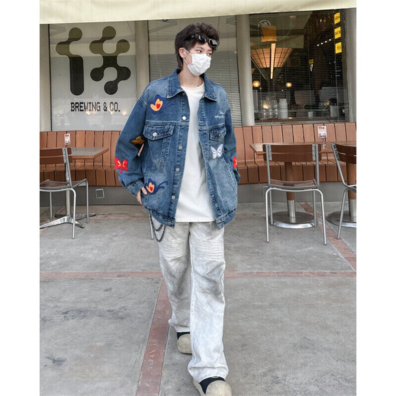 美式复古刺绣蝴蝶牛仔外套男女款宽松翻领百搭夹克潮JK08864-P70,男装夹克,星座308B-1