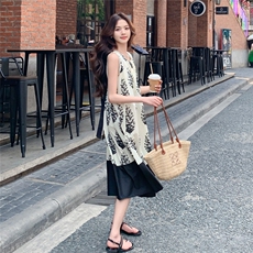 设计感拼色印花无袖背心连衣裙女夏2025新款独特漂亮长裙时尚减龄，女装连衣裙，浙宝208