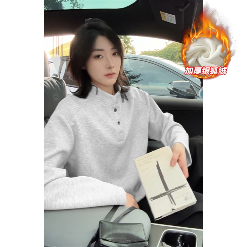 冬季银狐绒亨利领350g重磅华棉长袖T恤男T24555J加绒-特P25控48图片