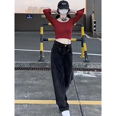 AK2209-P50拼接高腰阔腿牛仔裤新款宽松显瘦直筒拖地裤，女装休闲裤，星座617A-2