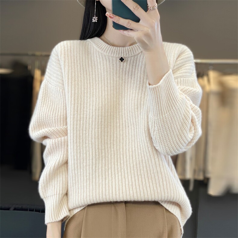 圆领羊毛针织衫女宽松软糯慵懒风羊毛时尚打底衫，女装羊毛衫，忠诺羊绒