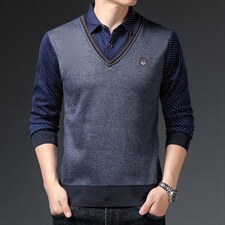 假两件长袖t恤男春秋季新款打底衫上衣中年男士商务休闲翻领卫衣，男装卫衣，电商B212（原钱塘6029）