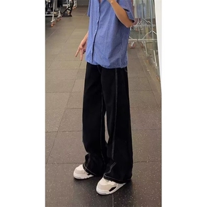 设计感辑明线轮廓设计黑色牛仔裤男女同款阔腿直筒裤图片
