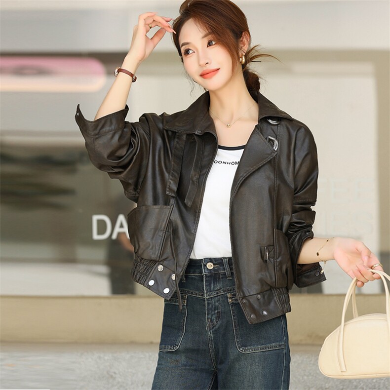 秋冬新韩皮U机车短款立领外套女上衣蝙蝠袖开衫宽松皮衣夹克外套，女装皮衣，欧兰熙