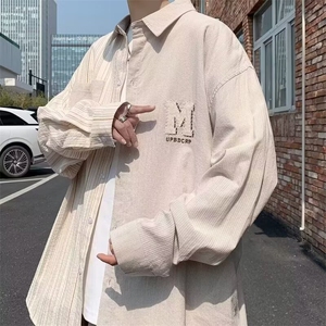 F220 P37设计感小众条纹拼接长袖衬衫男秋季新款潮牌学院风情侣图片