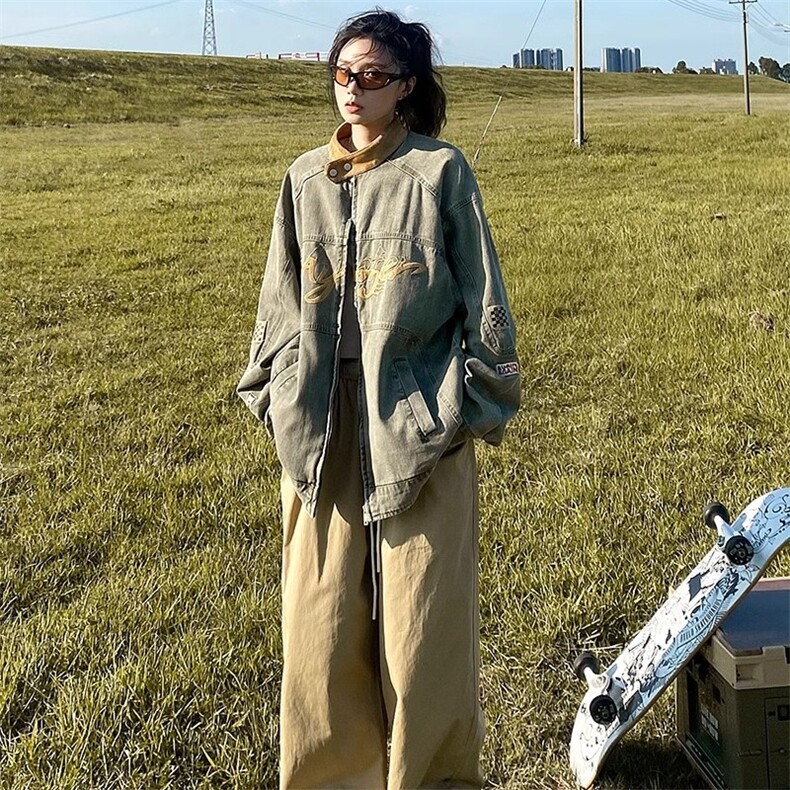 美式复古机车立领刺绣水洗牛仔夹克男女春秋潮街头嘻哈上衣外套,男装工装外套,星座1210-1