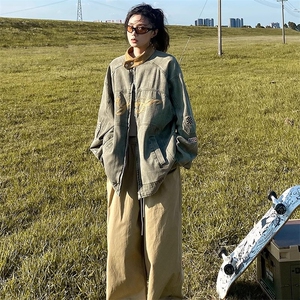 美式复古机车立领刺绣水洗牛仔夹克男女春秋潮街头嘻哈上衣外套图片